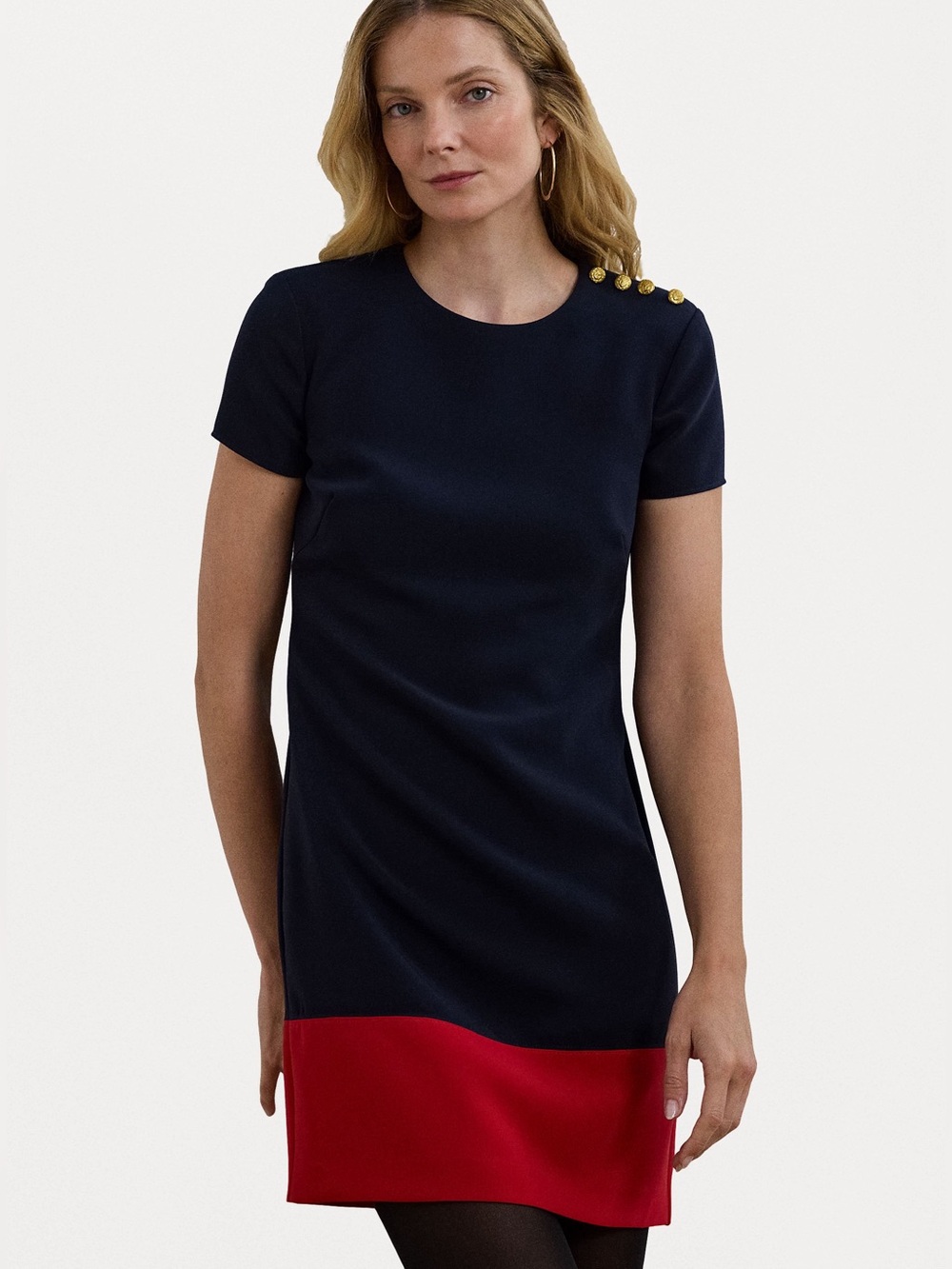 Ralph Lauren Navy Shift Dress with Red Hem and Gold Shoulder Buttons